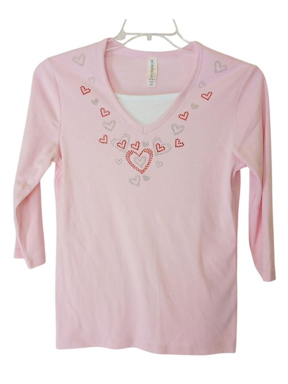 Morning Sun Pink Rhinestone Heart Graphic Top Small 3/4 Sleeve Cotton Blend #D30